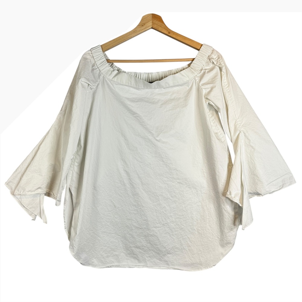 Tibi Off Shoulder Bell Sleeve Blouse White Cotton Blend Size 2
